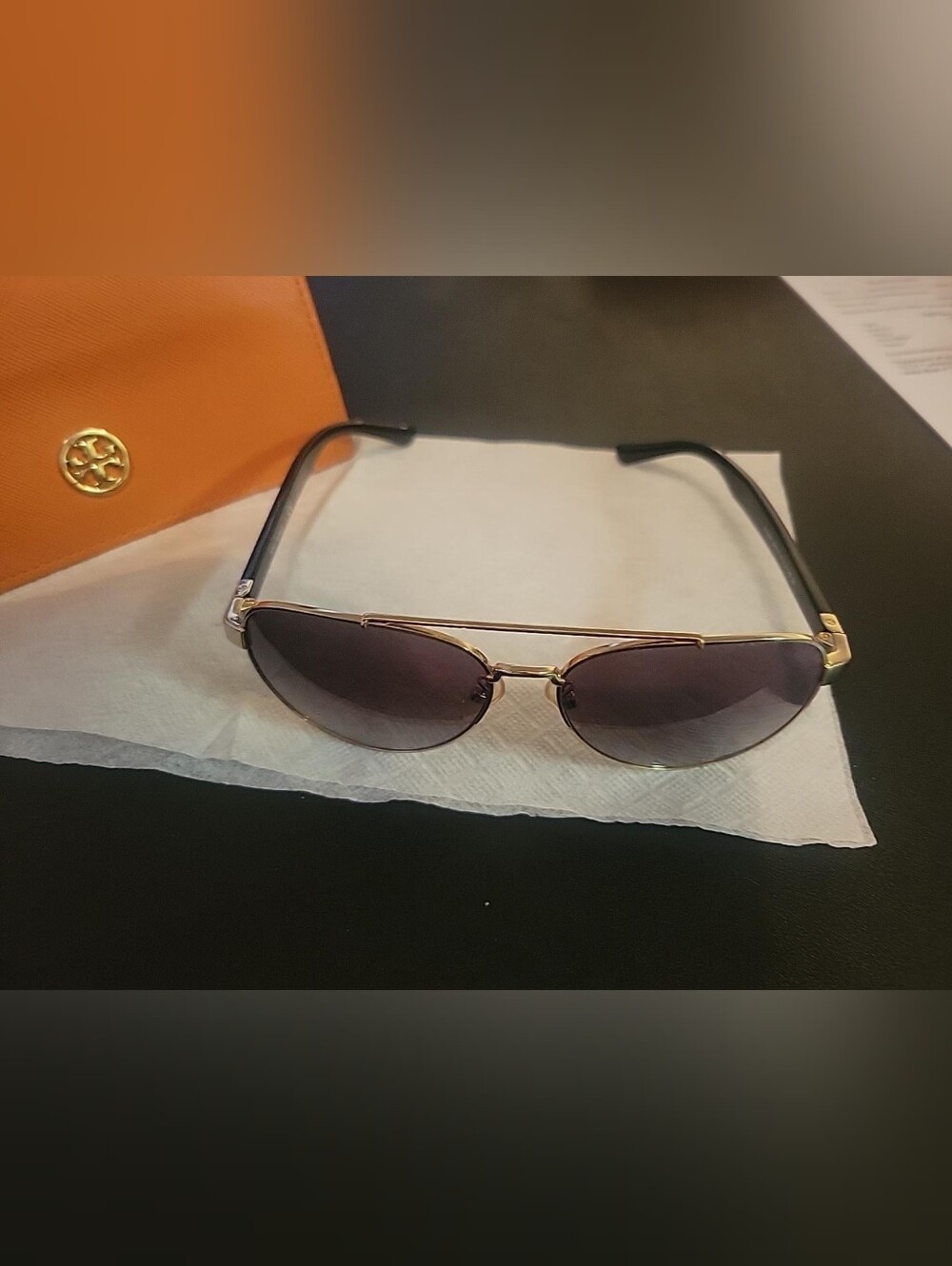 Tory Burch Gold Frame Aviator Sunglasses with Orange Case - Picture 2 of 6